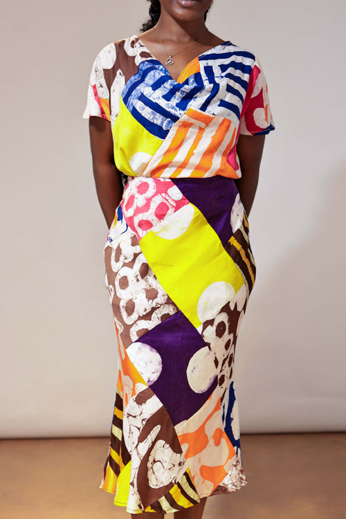 Coat of many Colours Silk Assymetric Skirt Set