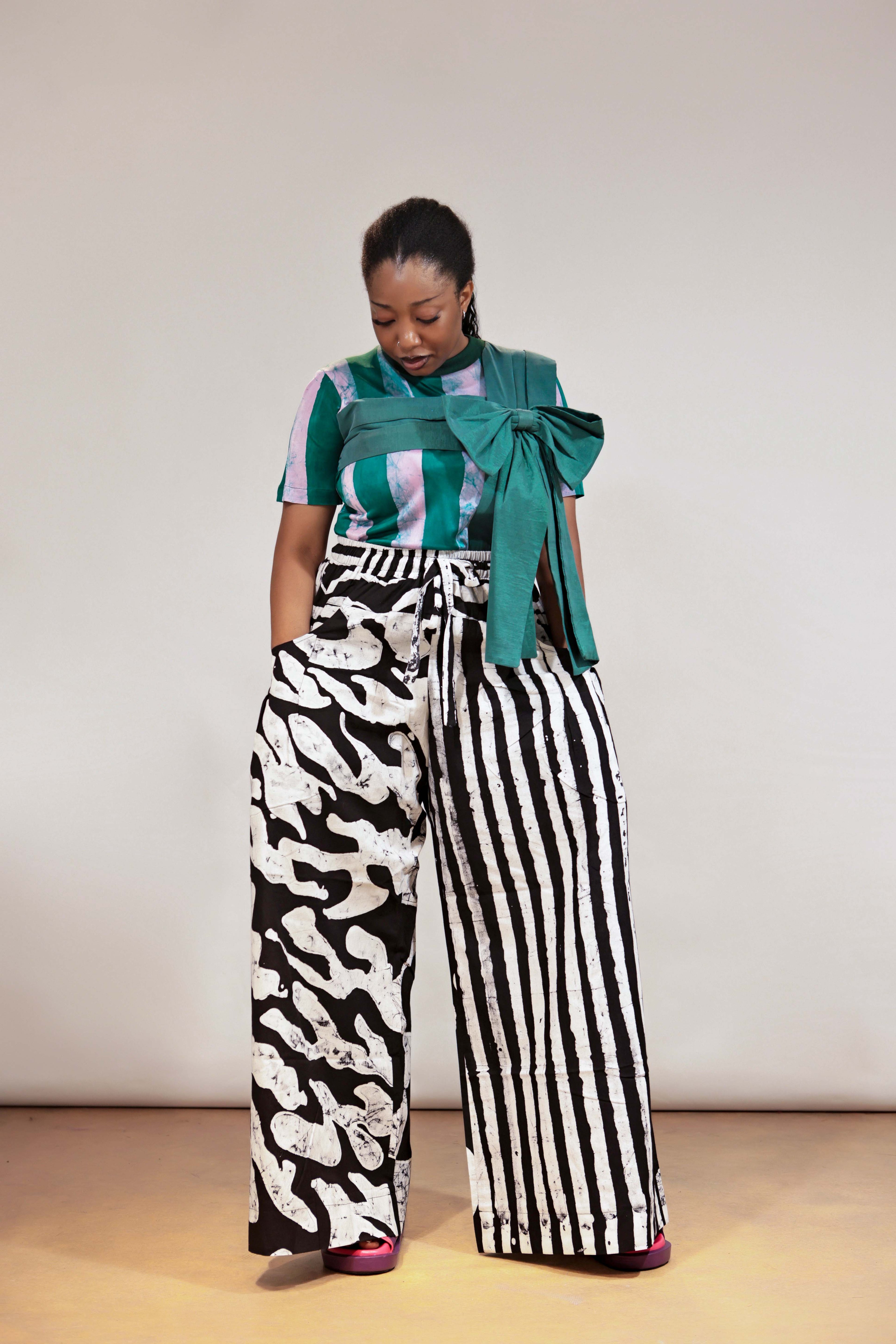 The mix print black and white adire kembe wide leg pant